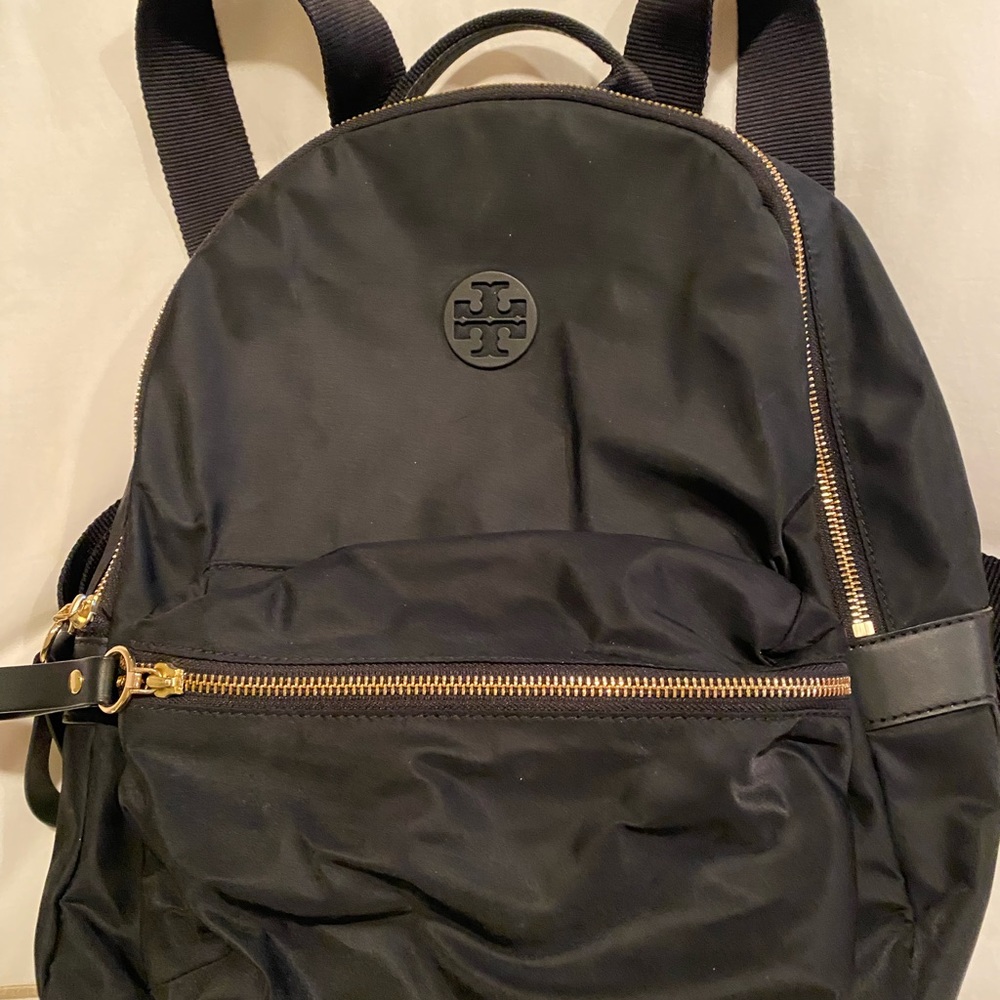 Tory Burch black nylon backpack with gold zippers! Excellent condition !